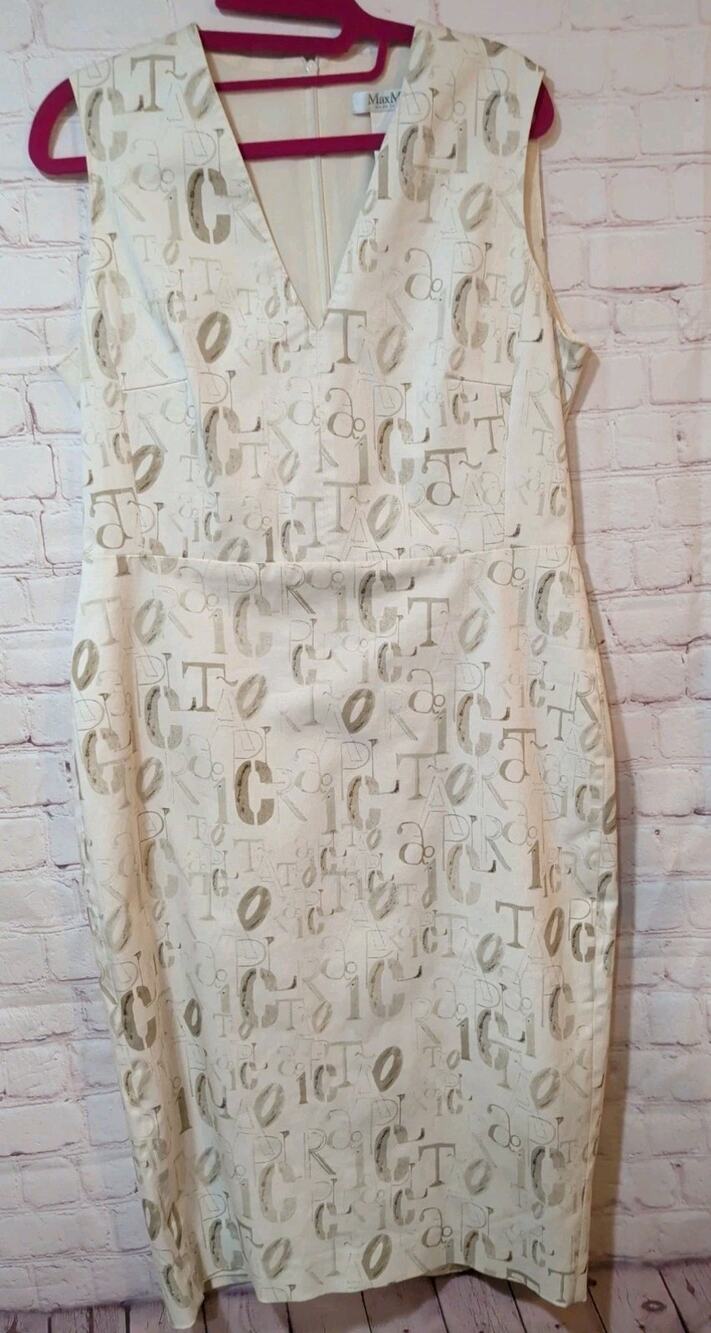 MaxMara Graphic Lettering Print Sheath Dress IT 48 US 10-12 Cream Stretch Cotton